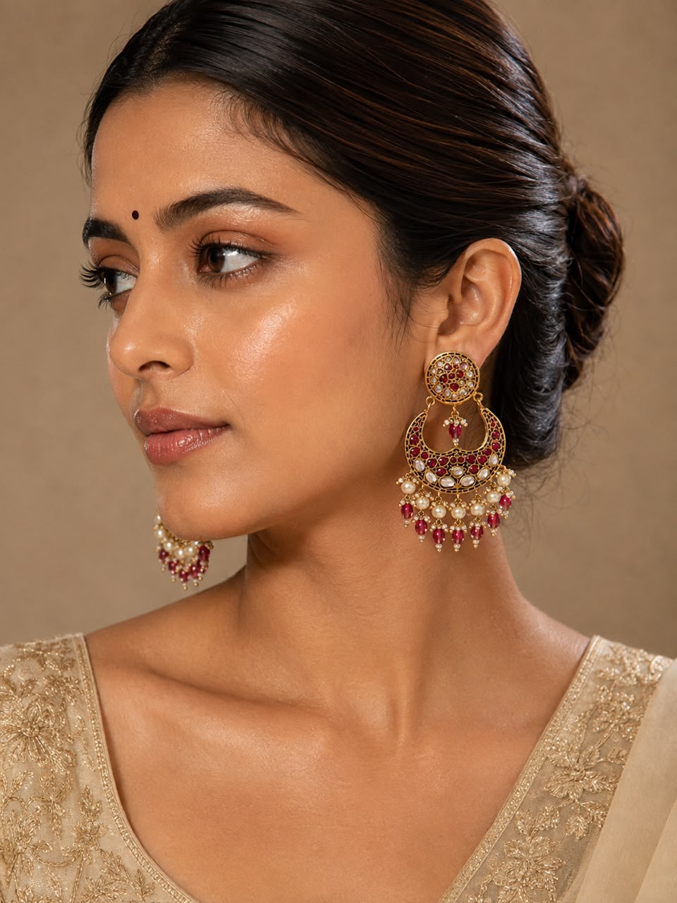 A close-up of a woman wearing ornate gold-toned traditional earrings with red stones and white bead details, paired with a beige embroidered top against a warm beige background.